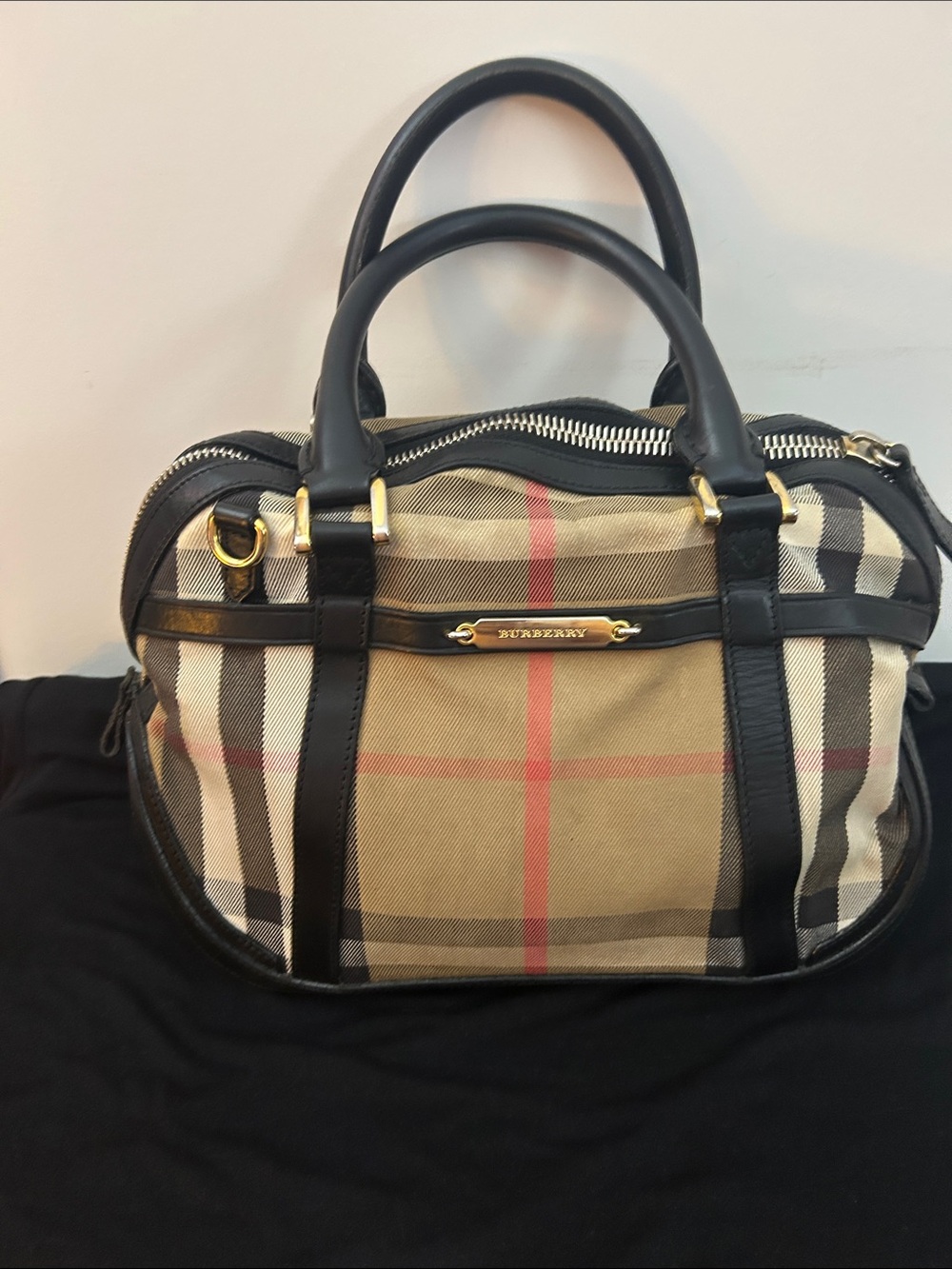 Burberry Black & Beige Check Canvas Satchel